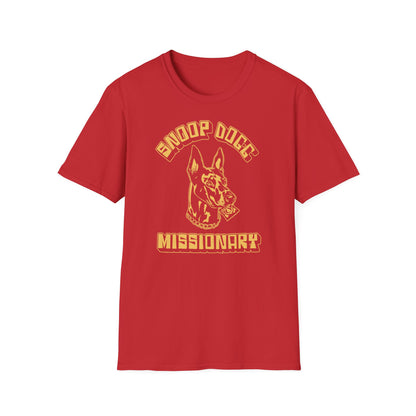 Red t-shirt with "Missionary" text and a dog illustration.
