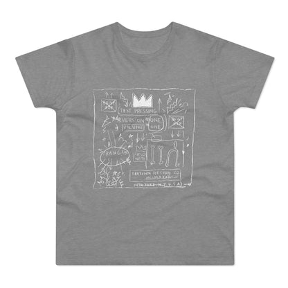 White Basquiat-inspired drawing on a grey t-shirt with text and symbols.