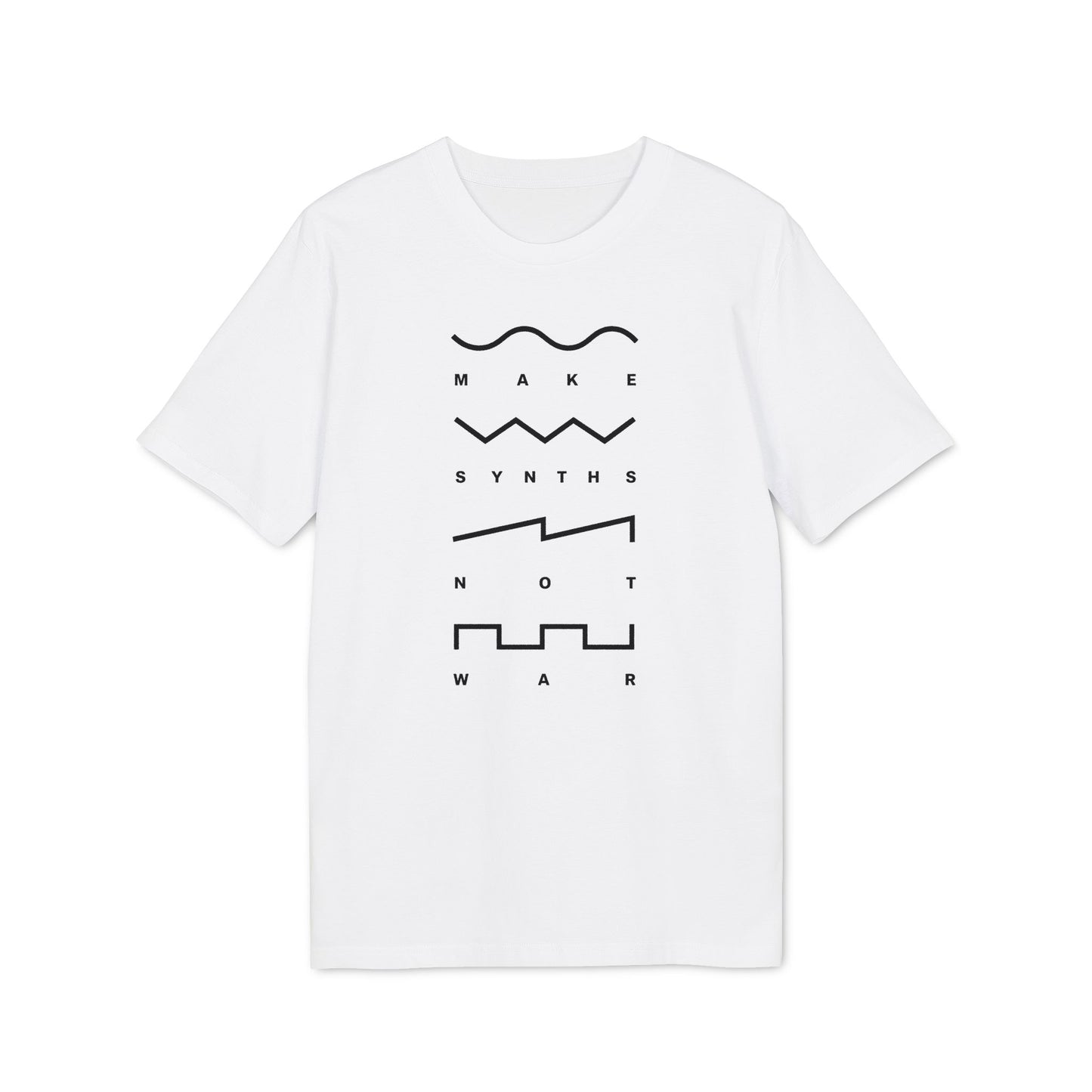 White t-shirt with black text "MAKE SYNTHS NOT WAR" and abstract wave designs.