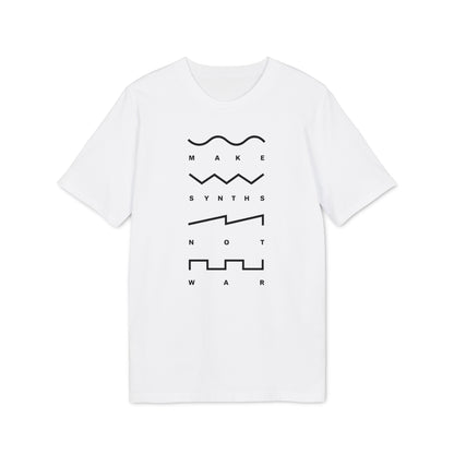 White t-shirt with black text "MAKE SYNTHS NOT WAR" and abstract wave designs.
