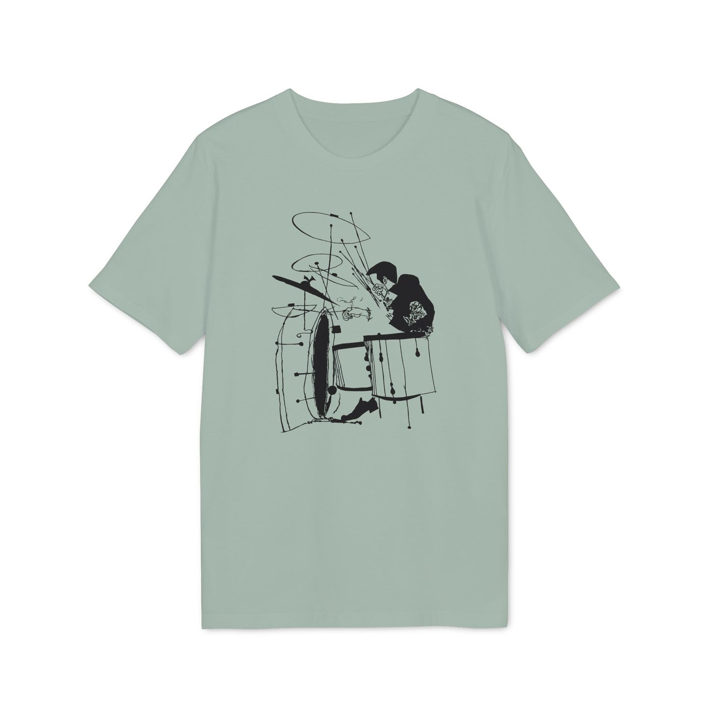 T-shirt with black line art of a drummer playing a drum set.