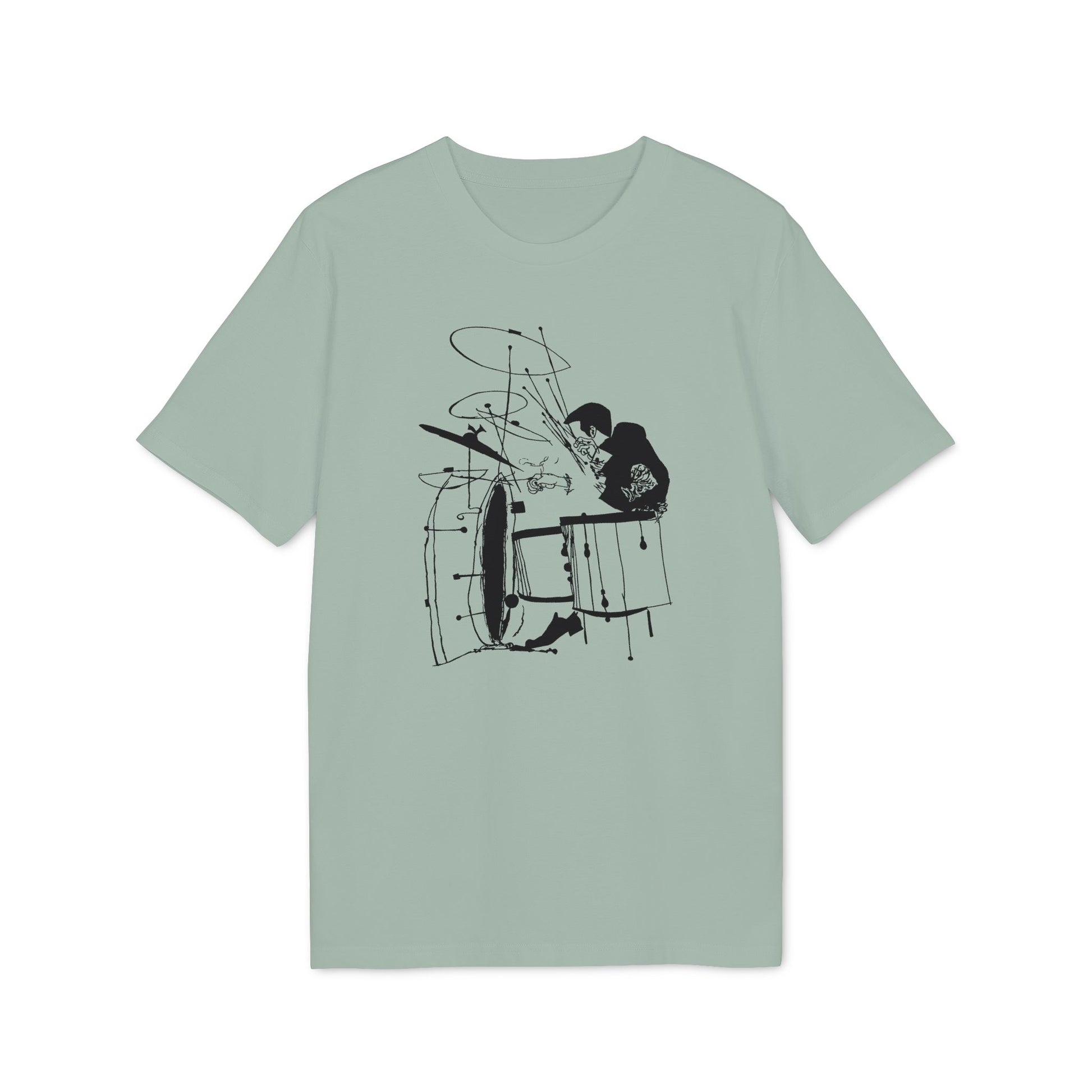 T-shirt with black line art of a drummer playing a drum set.