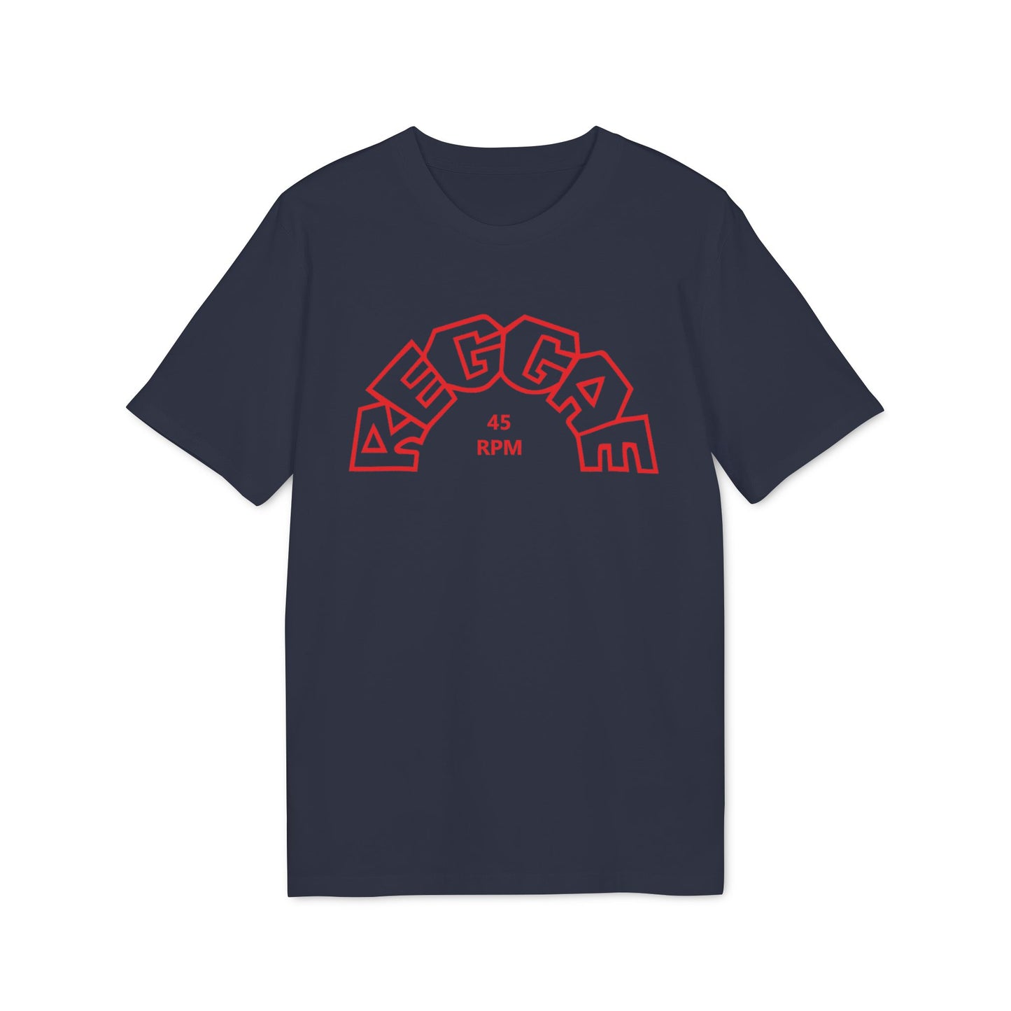 Dark navy t-shirt with red "REGGAE" text and "45 RPM" below.