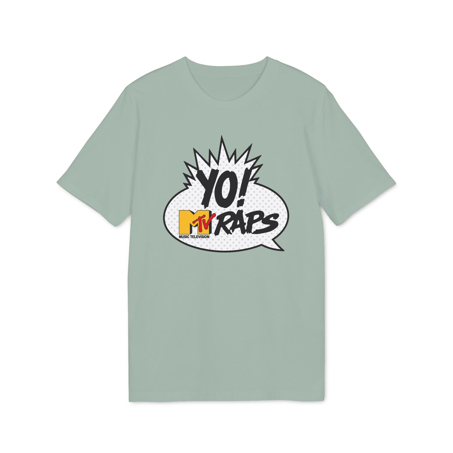 Light green t-shirt with a comic-style graphic: "YO! MTV RAPS MUSIC TELEVISION".