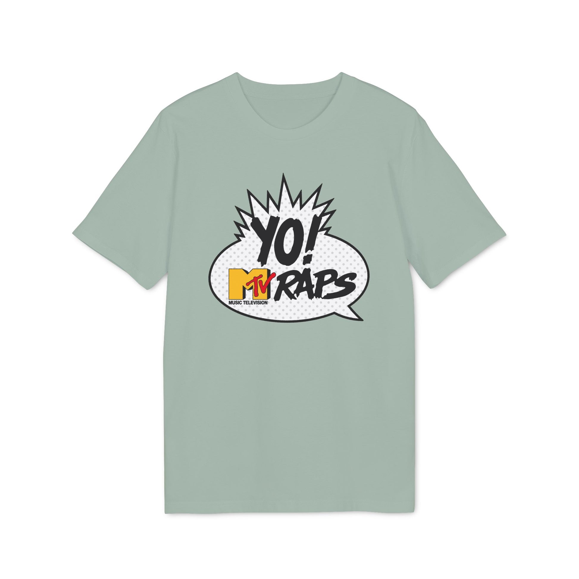 Light green t-shirt with a comic-style graphic: "YO! MTV RAPS MUSIC TELEVISION".