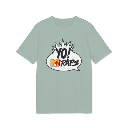 Light green t-shirt with a comic-style graphic: "YO! MTV RAPS MUSIC TELEVISION".