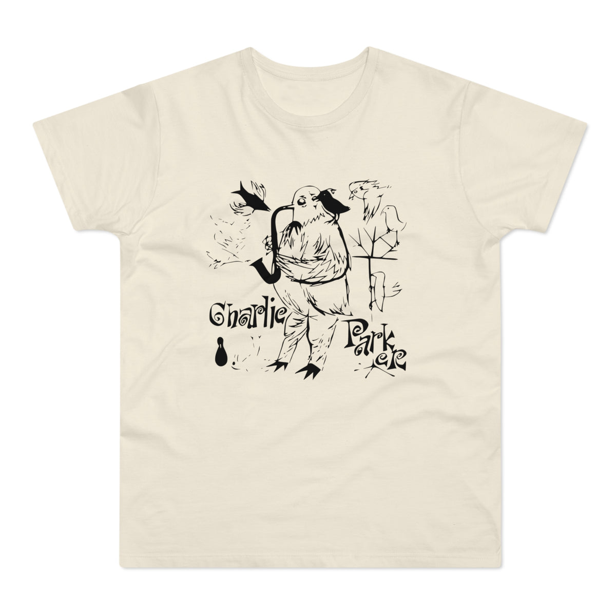 Off-white t-shirt with a black line art graphic of a bird playing a saxophone, alongside stylized text reading Charlie Parker.
