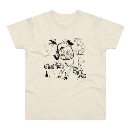Off-white t-shirt with a black line art graphic of a bird playing a saxophone, alongside stylized text reading Charlie Parker.