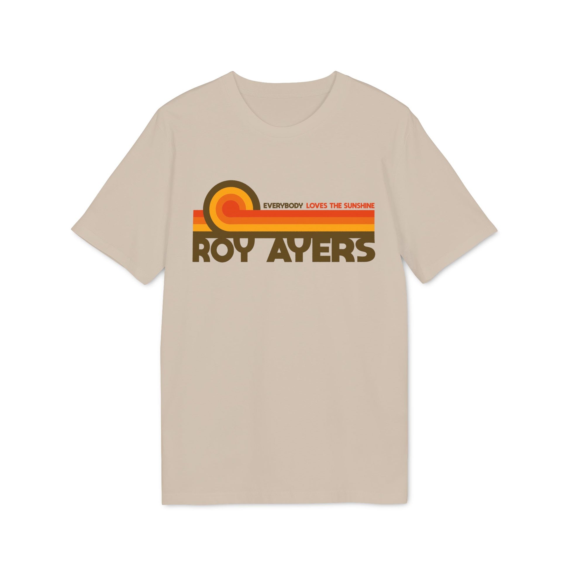 Beige t-shirt with "Everybody Loves The Sunshine" and "Roy Ayers" text, and a retro sunset graphic.