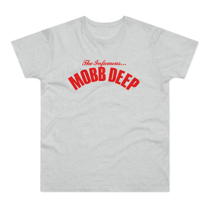 Light gray t-shirt with red "The Infamous... MOBB DEEP" text across the chest.
