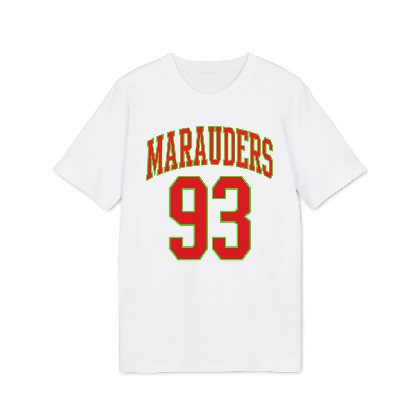 White t-shirt with "MARAUDERS" and "93" in red with green outline.