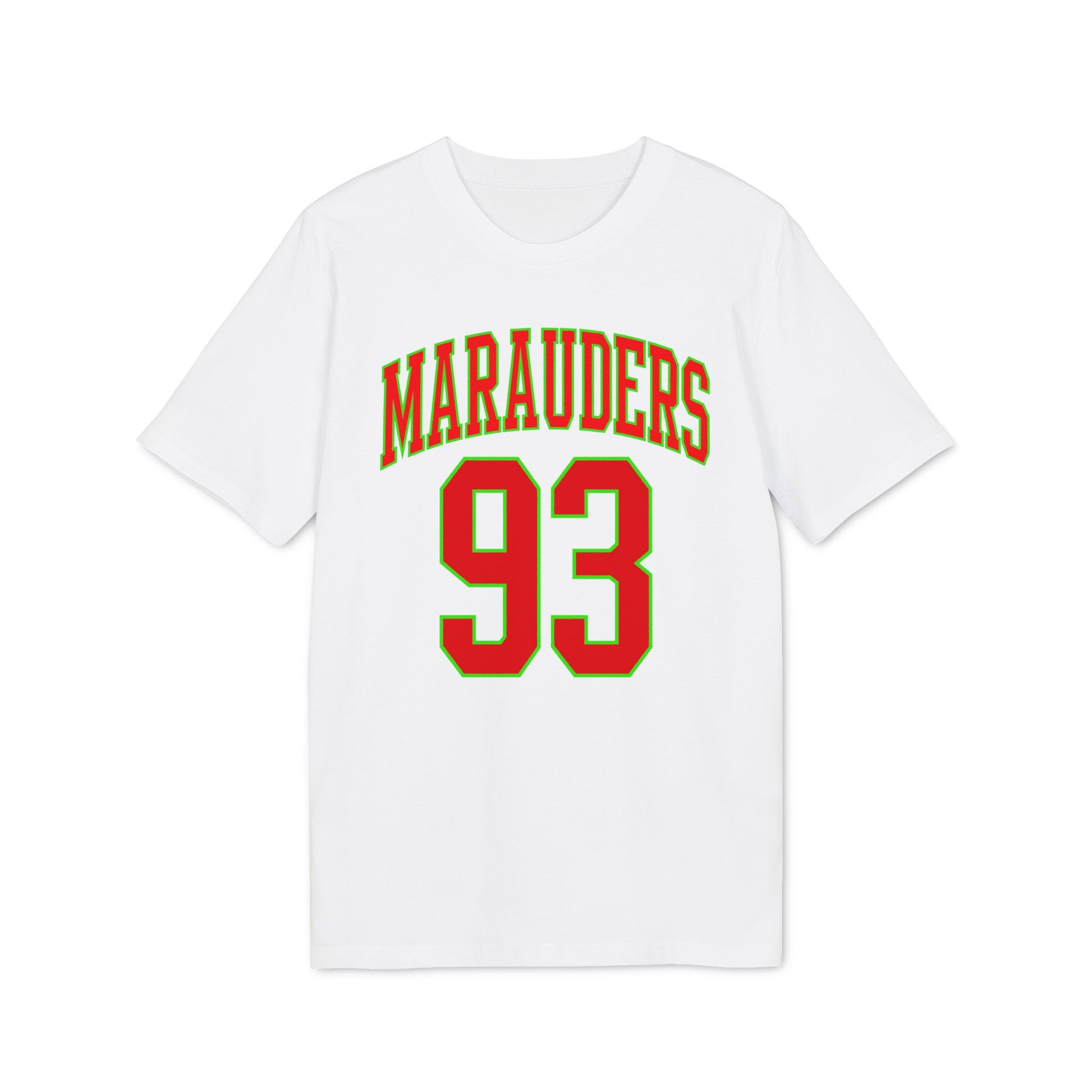 White t-shirt with "MARAUDERS" and "93" in red with green outline.