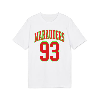White t-shirt with "MARAUDERS" and "93" in red with green outline.