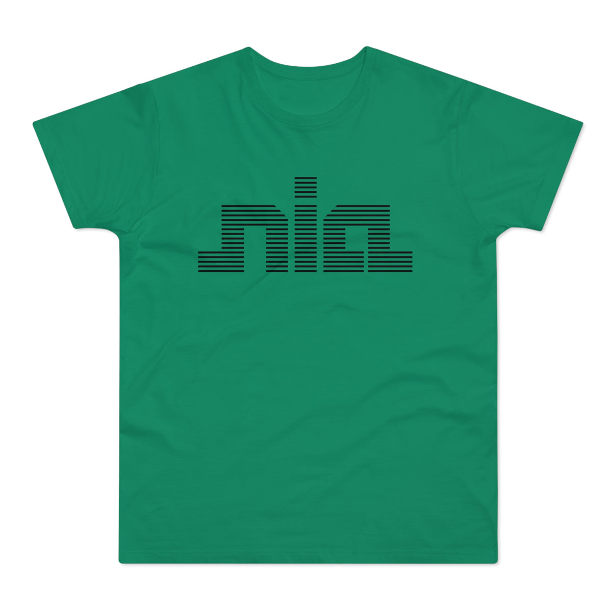 Green t-shirt with black horizontal striped "nia" graphic.