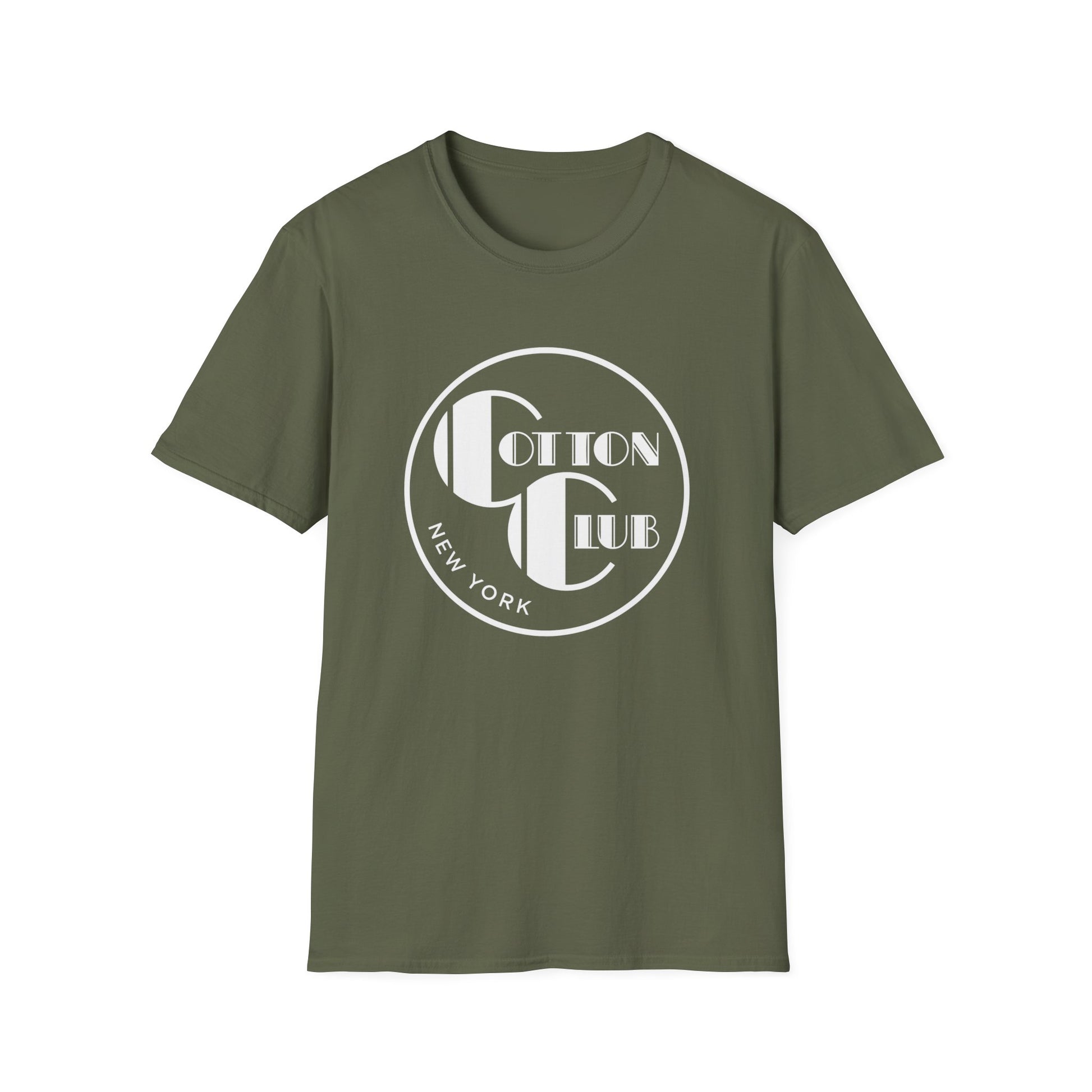 Olive green t-shirt with circular Cotton Club New York logo.