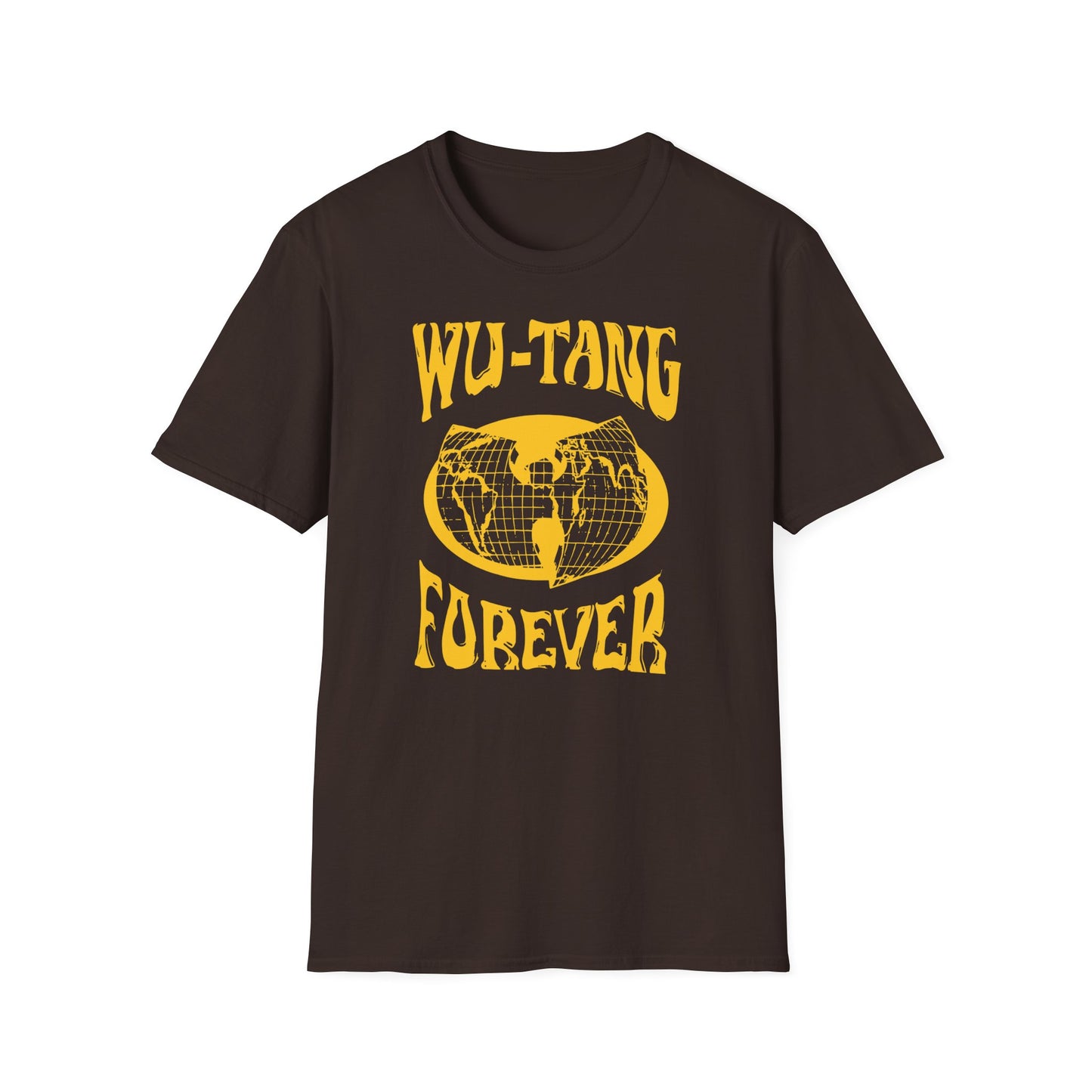 Dark brown t-shirt with yellow "FOREVER" text and globe graphic.