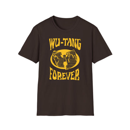 Dark brown t-shirt with yellow "FOREVER" text and globe graphic.