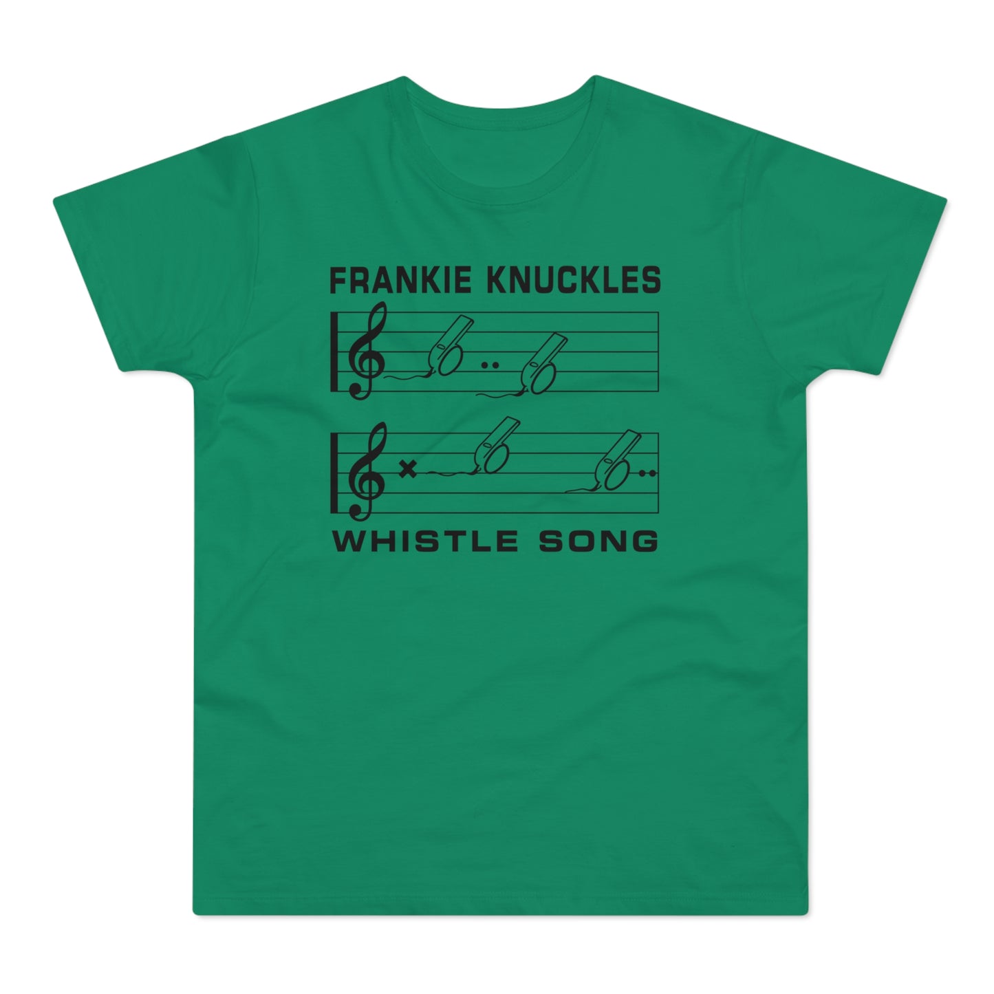 Green t-shirt with black text "FRANKIE KNUCKLES" and musical notation with whistles.