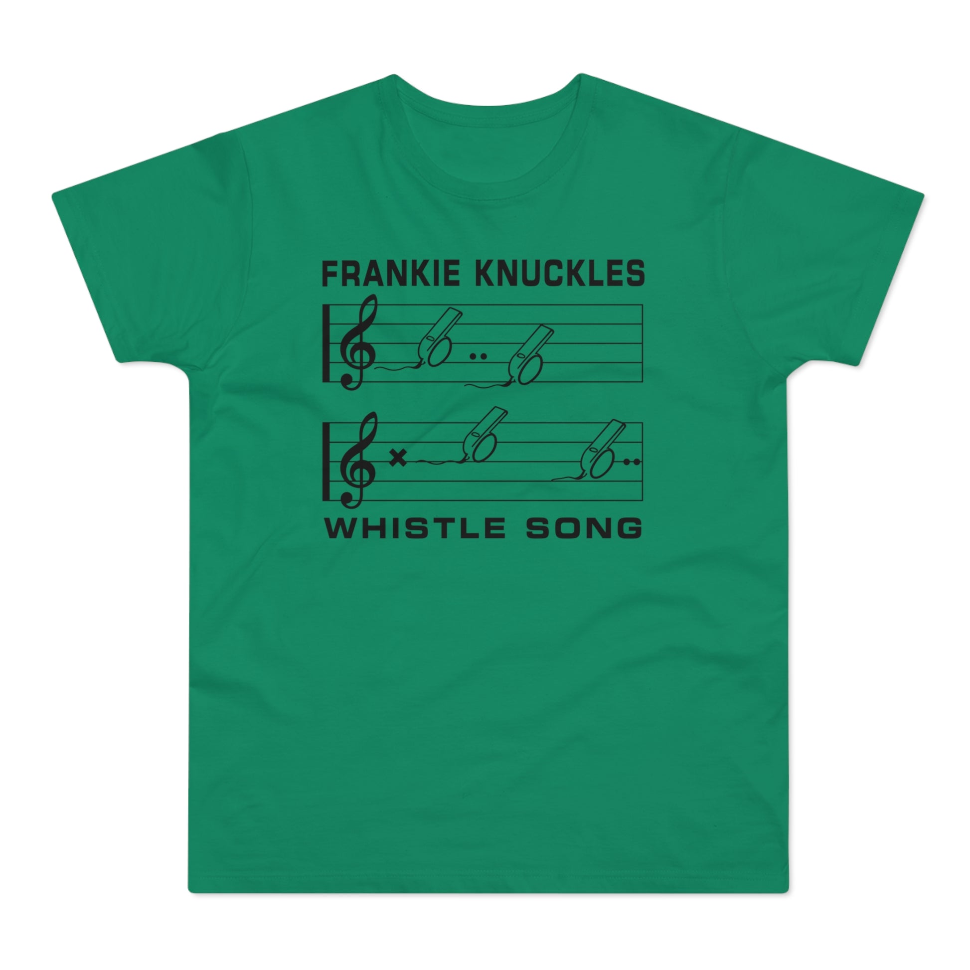 Green t-shirt with black text "FRANKIE KNUCKLES" and musical notation with whistles.