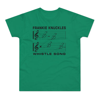 Green t-shirt with black text "FRANKIE KNUCKLES" and musical notation with whistles.