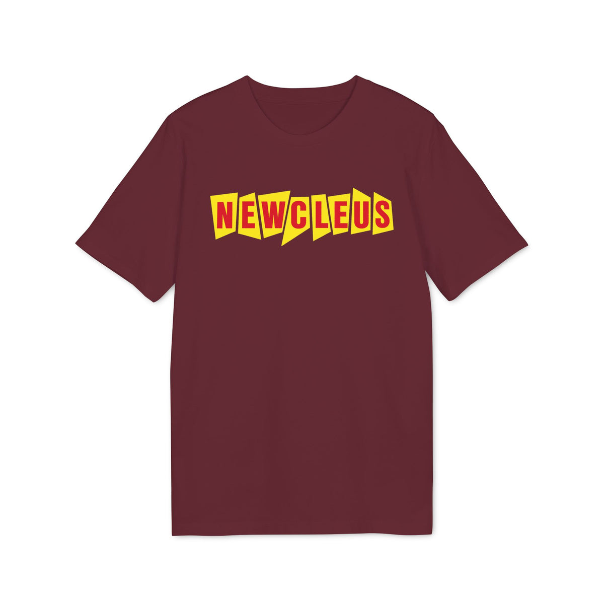 Maroon crew neck t-shirt featuring the word Newcleus in red letters inside yellow comic-style boxes.