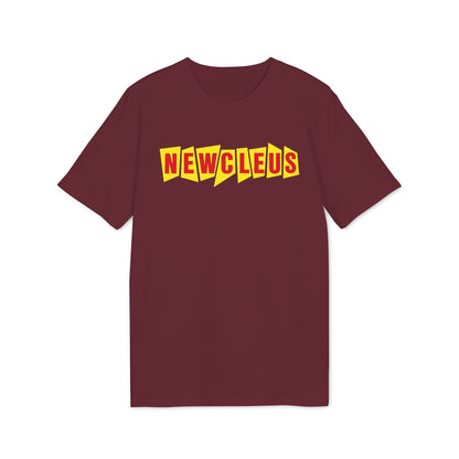 Maroon crew neck t-shirt featuring the word Newcleus in red letters inside yellow comic-style boxes.