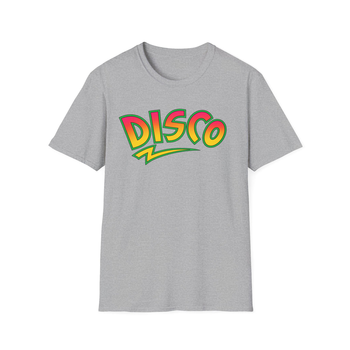 Grey t-shirt with "DISCO" text in yellow, orange, and pink with a green outline.