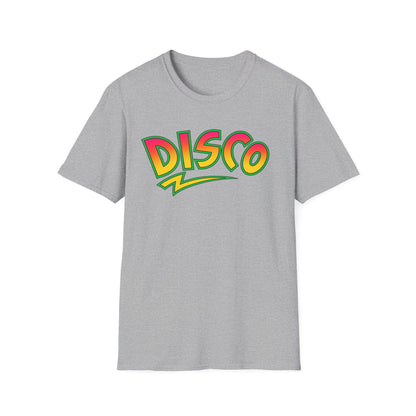 Grey t-shirt with "DISCO" text in yellow, orange, and pink with a green outline.