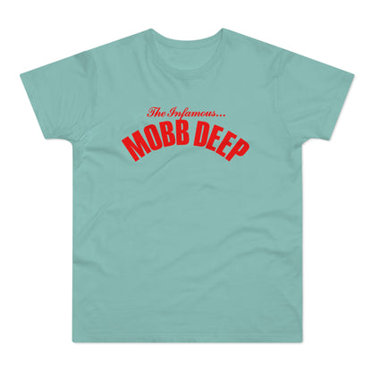 Light blue t-shirt with red "The Infamous... MOBB DEEP" text.
