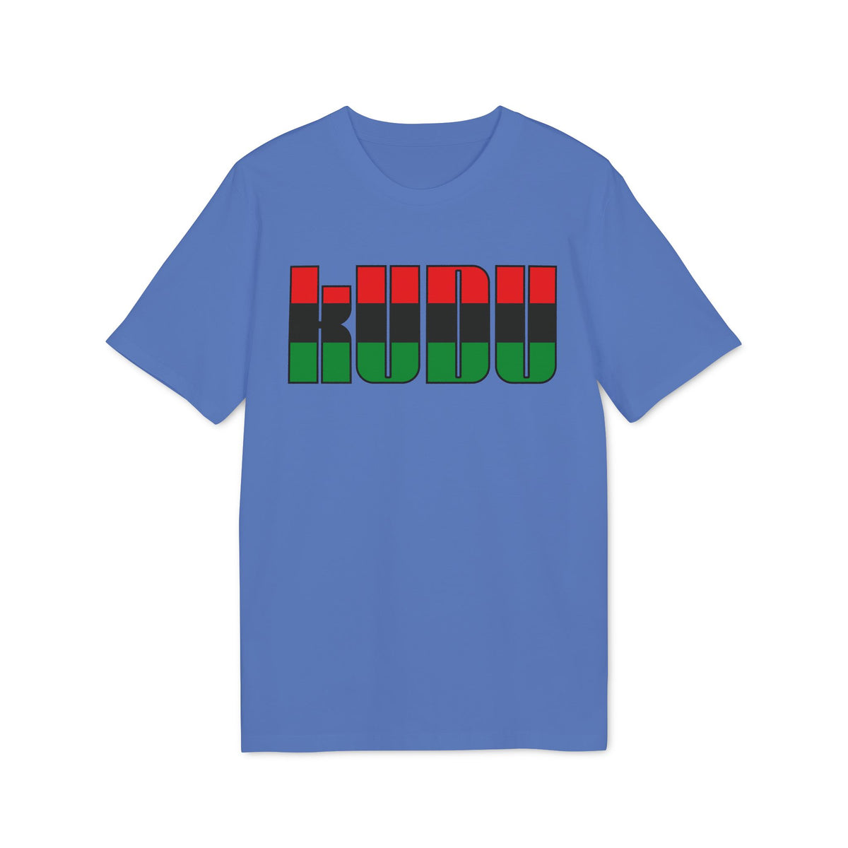 A blue short-sleeve t-shirt with the word KUDU printed on the chest in red, black, and green stripes.