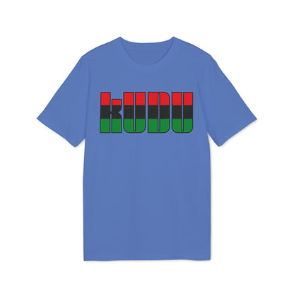 A blue short-sleeve t-shirt with the word KUDU printed on the chest in red, black, and green stripes.