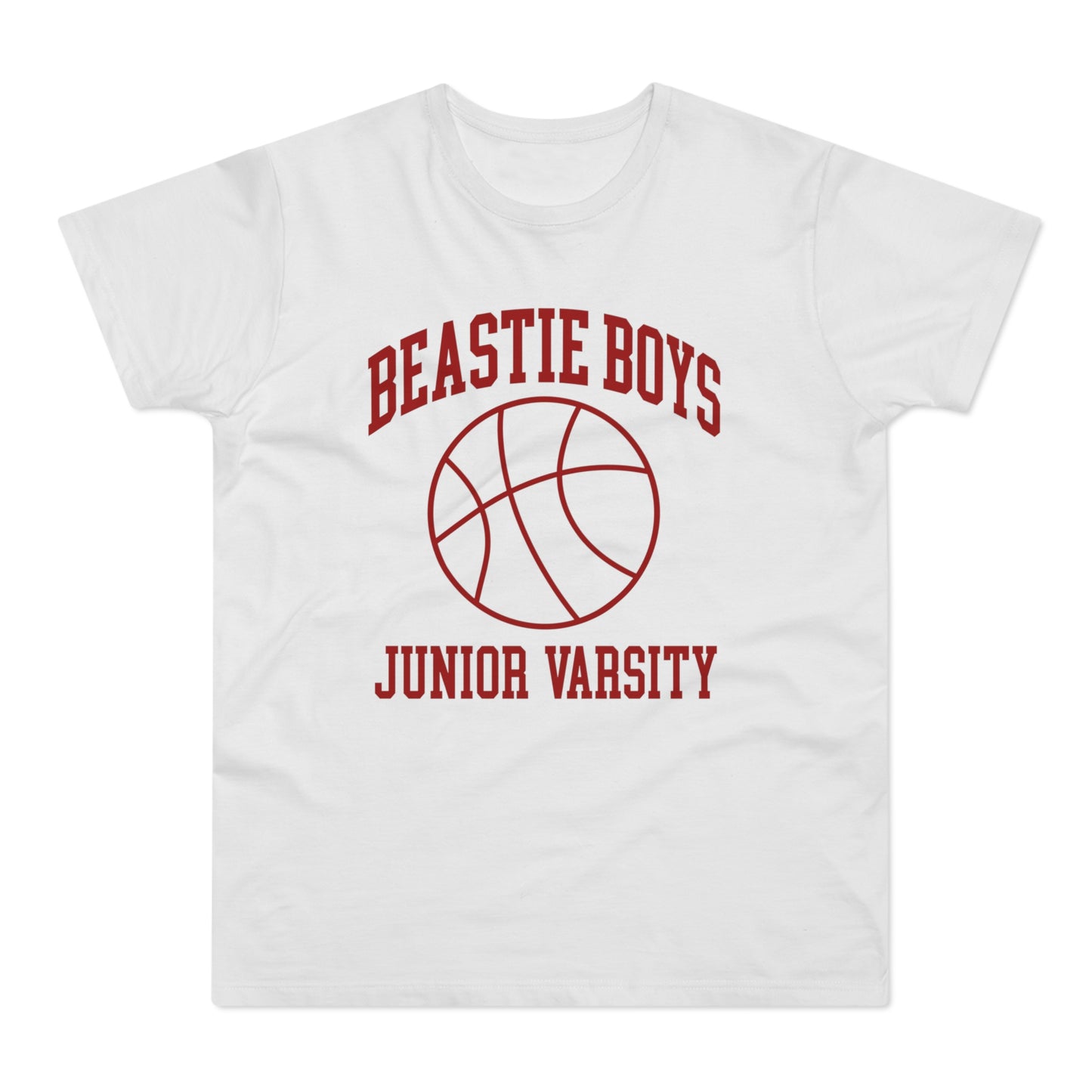 White t-shirt with red text "Beastie Boys" and "Junior Varsity" with a basketball graphic.