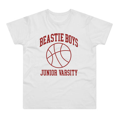 White t-shirt with red text "Beastie Boys" and "Junior Varsity" with a basketball graphic.