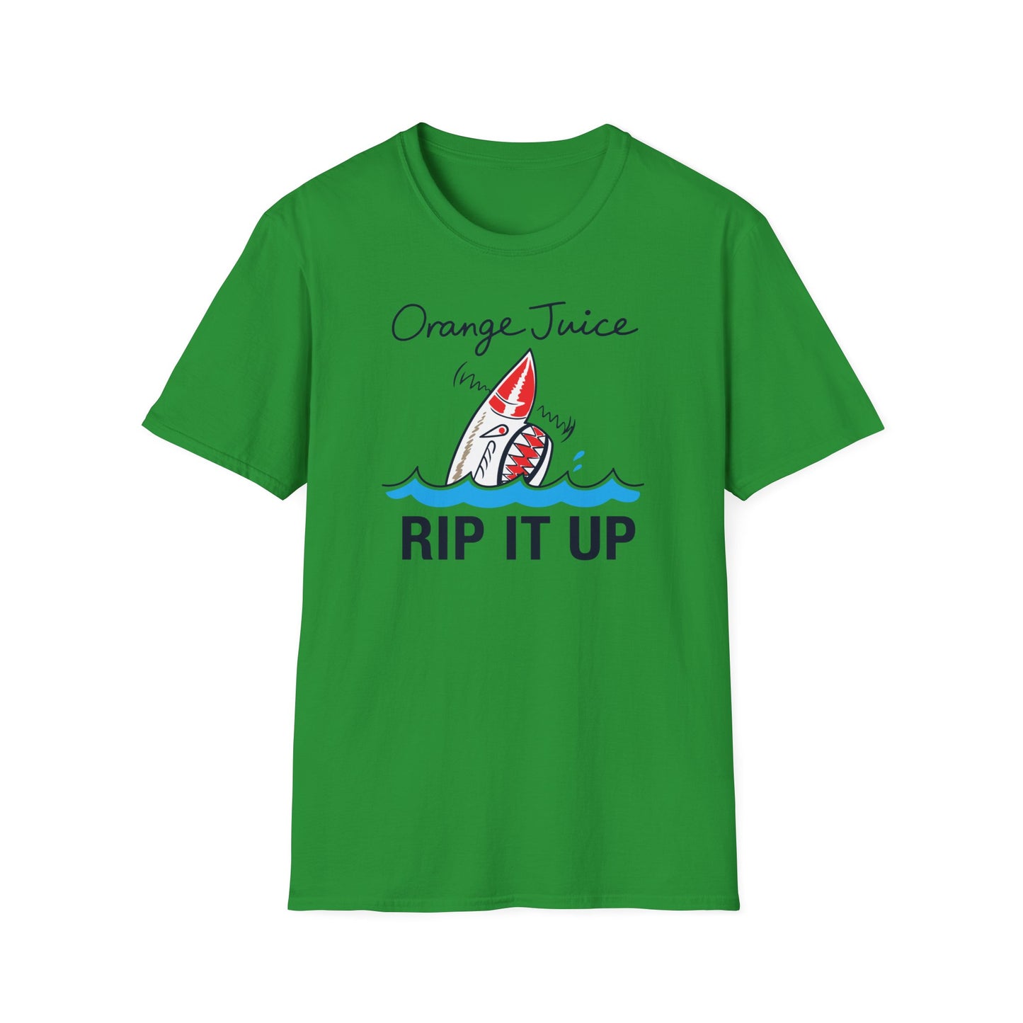 Green t-shirt with a shark and text "Orange Juice RIP IT UP".