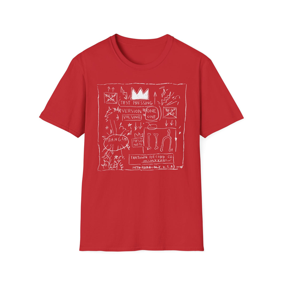 Red t-shirt with white Basquiat-style drawing including crown and text.