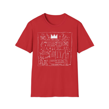 Red t-shirt with white Basquiat-style drawing including crown and text.