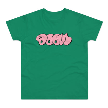 Green t-shirt with pink "MF DOOM" bubble letter graphic.