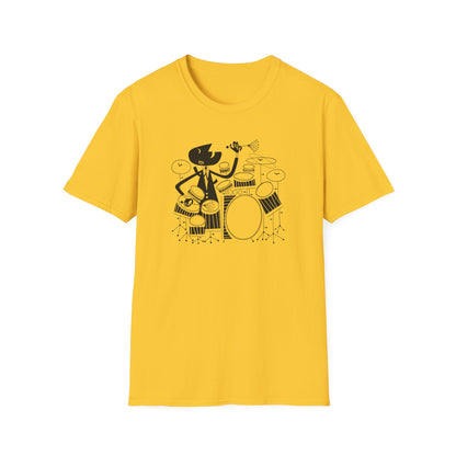 Black cartoon drummer playing a drum set on a yellow t-shirt.