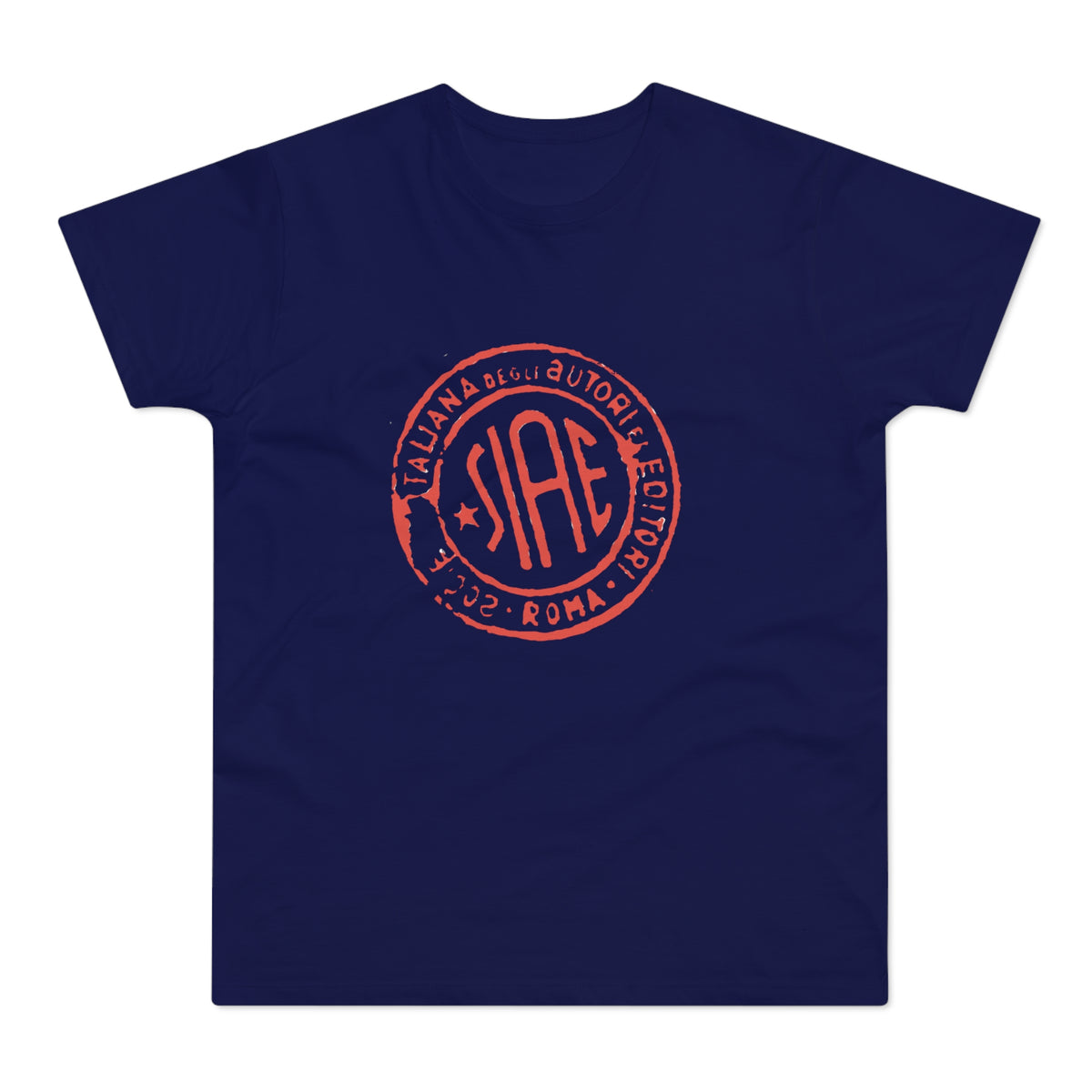 Navy t-shirt with a red SIAE logo featuring Italian text and "ROMA 2002".