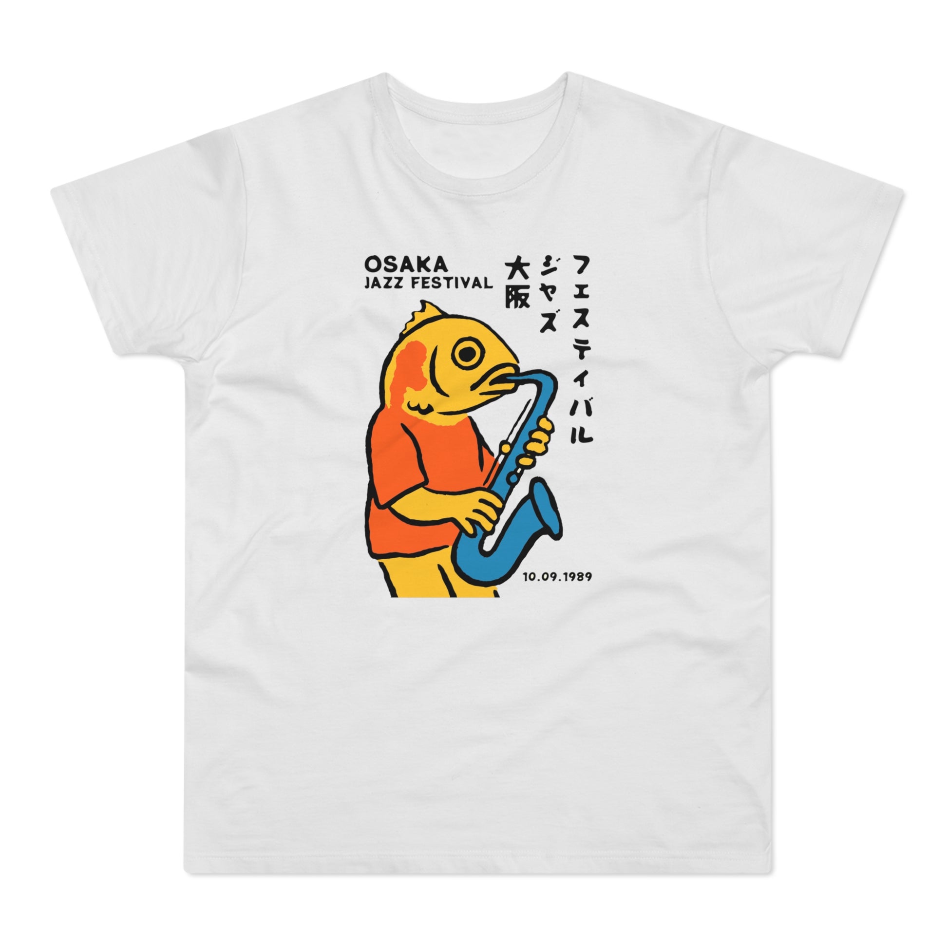 White t-shirt with a yellow fish playing a blue saxophone and Osaka Jazz Festival text.