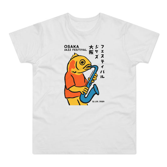 White t-shirt with a yellow fish playing a blue saxophone and Osaka Jazz Festival text.
