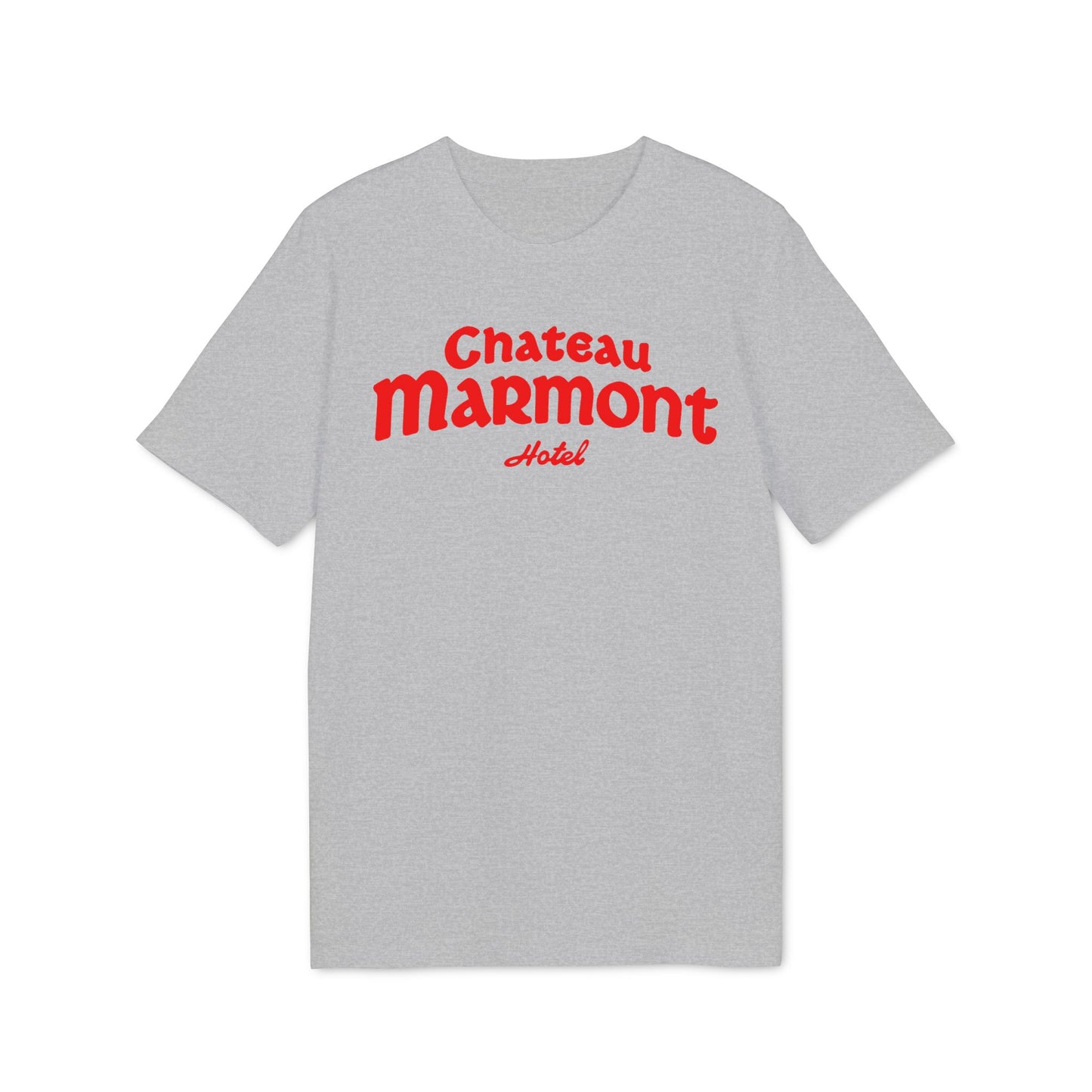 Light grey t-shirt with red "Chateau Marmont Hotel" text.