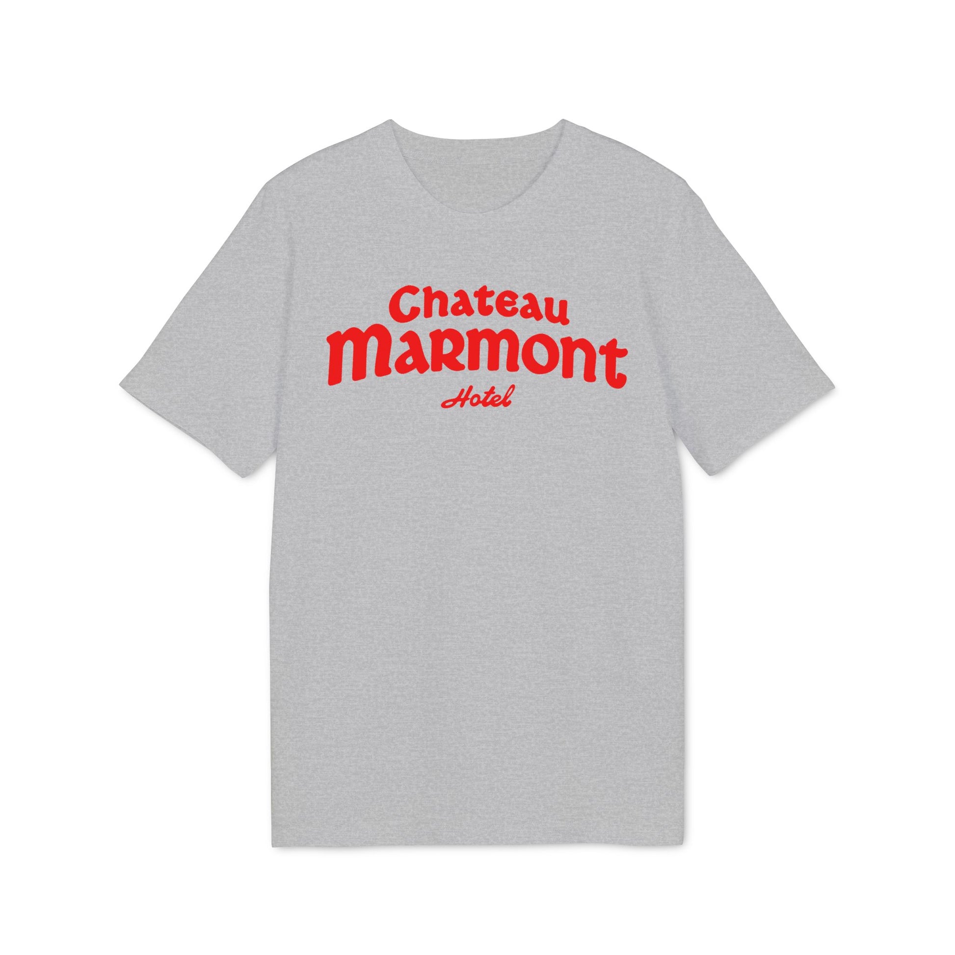 Light grey t-shirt with red "Chateau Marmont Hotel" text.