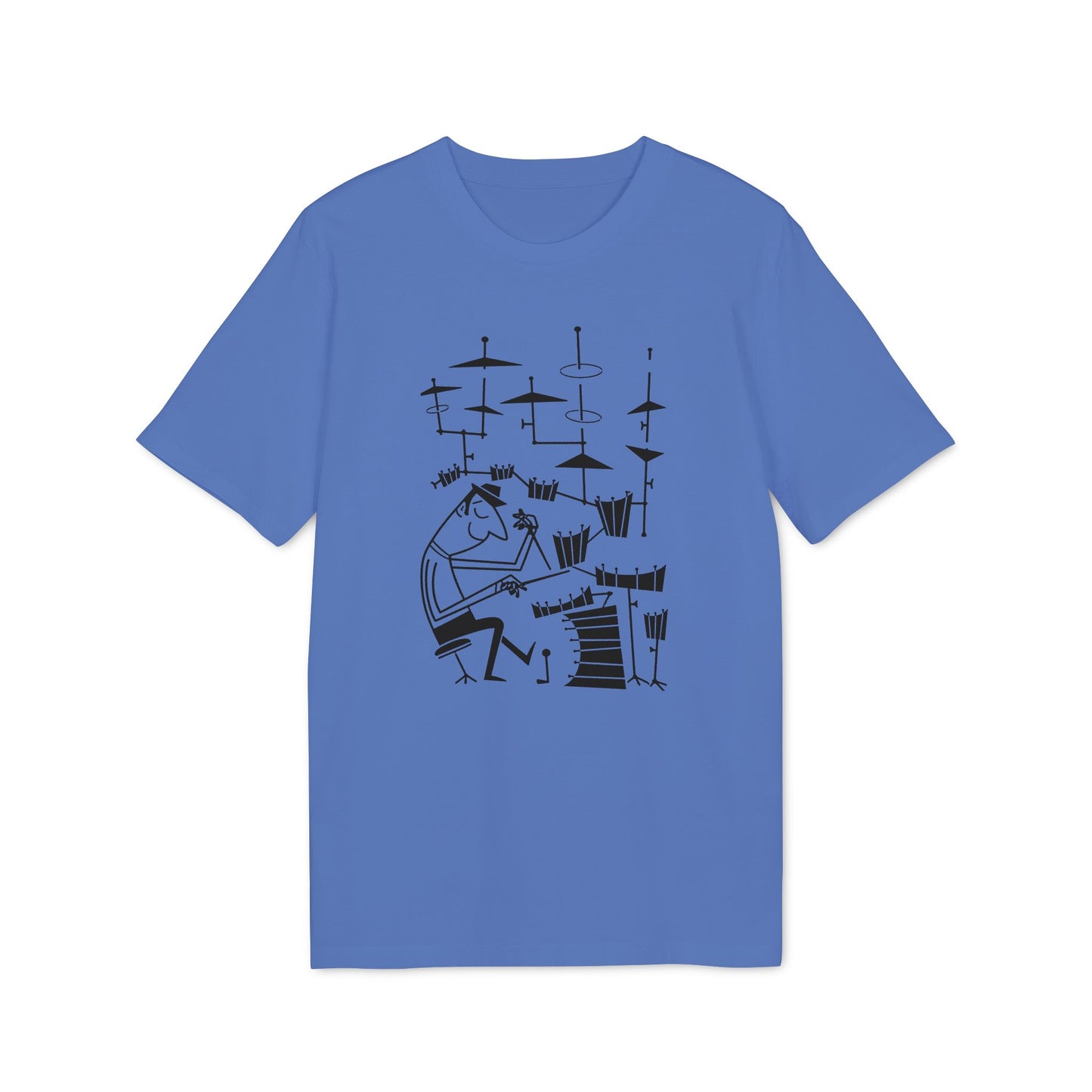 Blue t-shirt with black line drawing of a drummer playing a drum set.