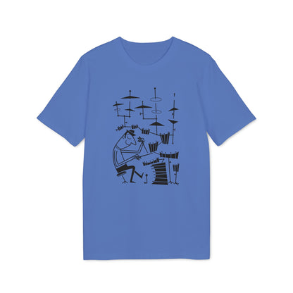 Blue t-shirt with black line drawing of a drummer playing a drum set.