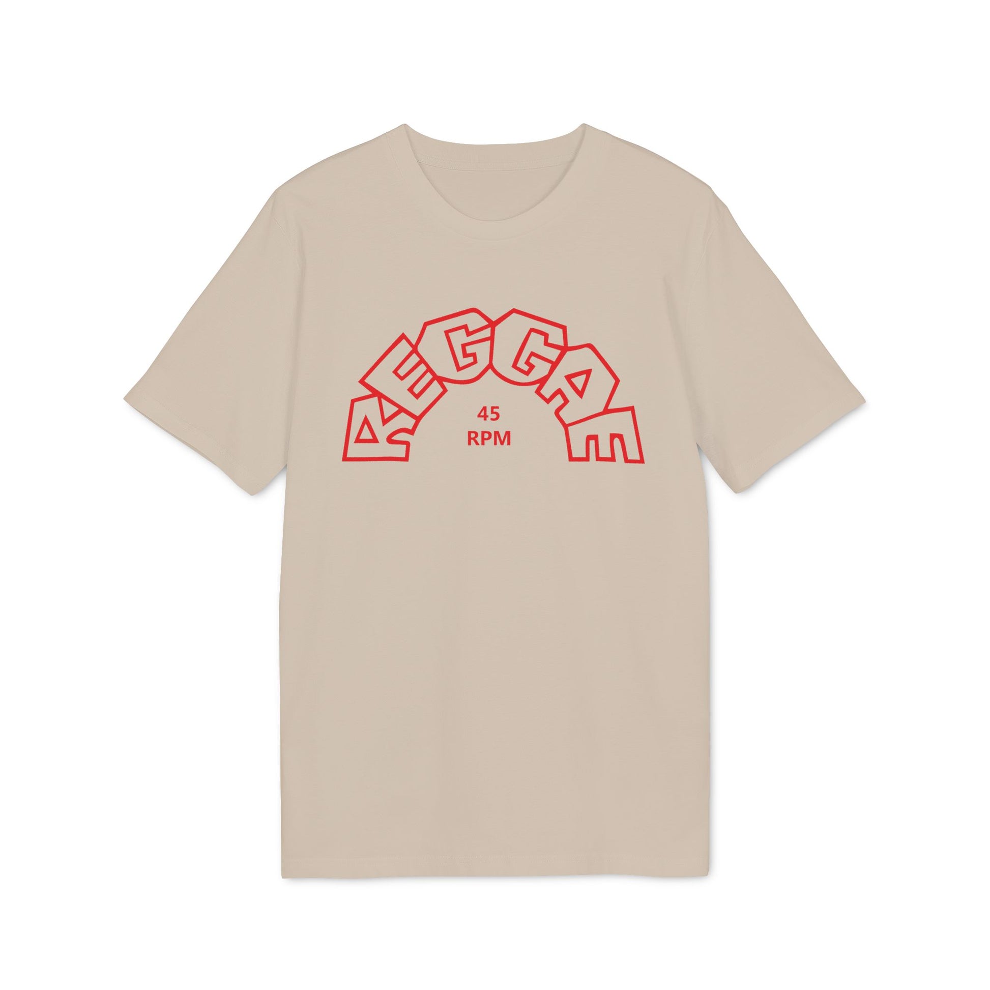 Beige t-shirt with red "REGGAE 45 RPM" text graphic.