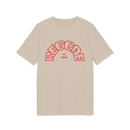 Beige t-shirt with red "REGGAE 45 RPM" text graphic.