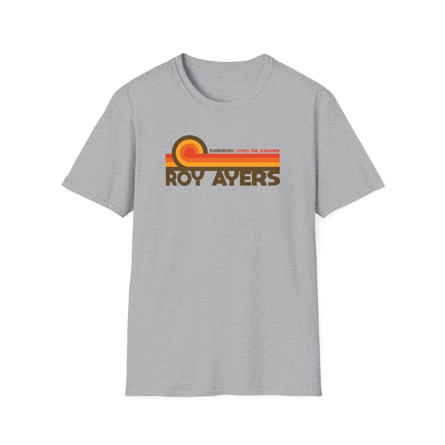 Grey T-shirt with "Roy Ayers" and "Everybody Loves the Sunshine" text.
