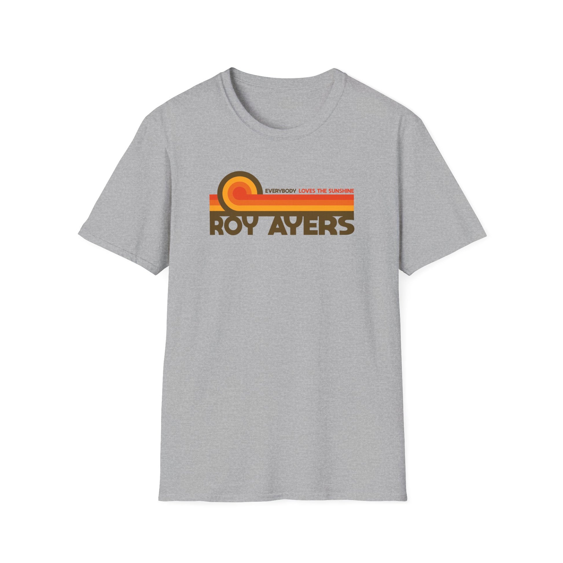 Grey T-shirt with "Roy Ayers" and "Everybody Loves the Sunshine" text.