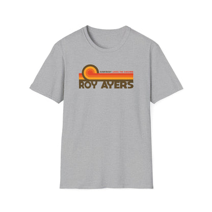 Grey T-shirt with "Roy Ayers" and "Everybody Loves the Sunshine" text.